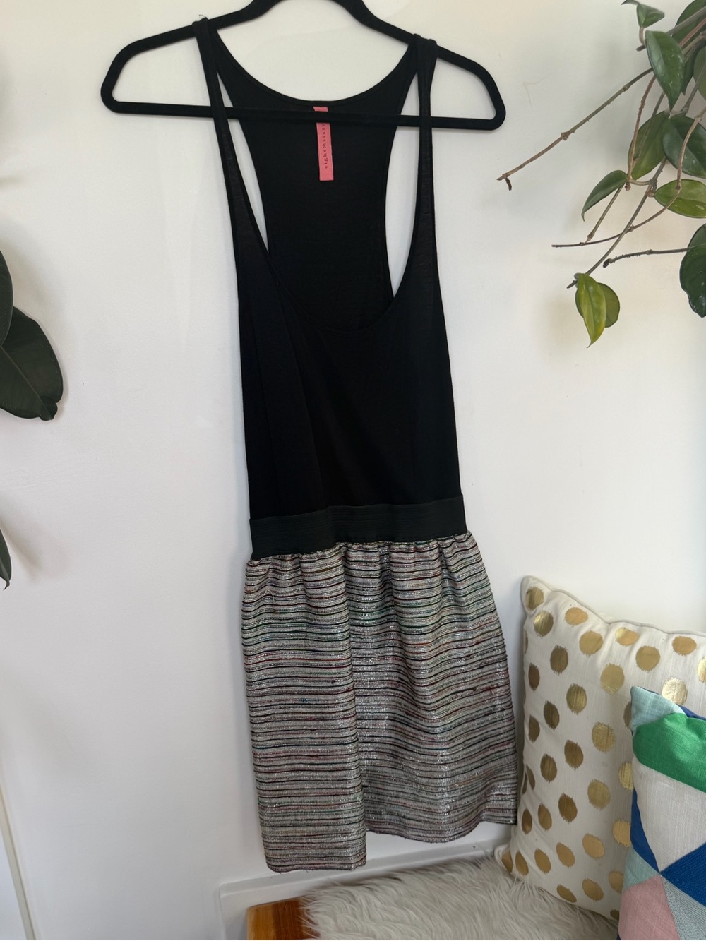 Black Tank Top Dress with Multicolor Stripe metallic Skirt